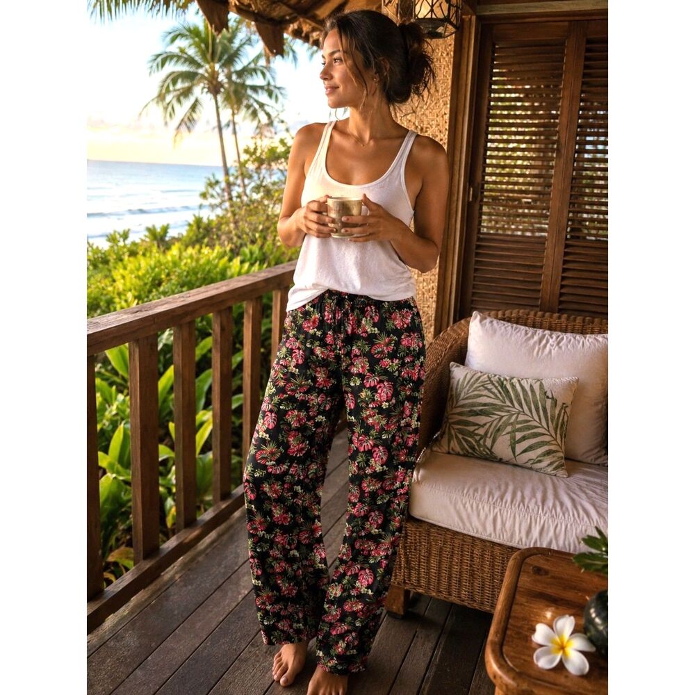 Tommy Bahama Tropical Floral Lounge Pajama Pants Women's M Black Cotton
